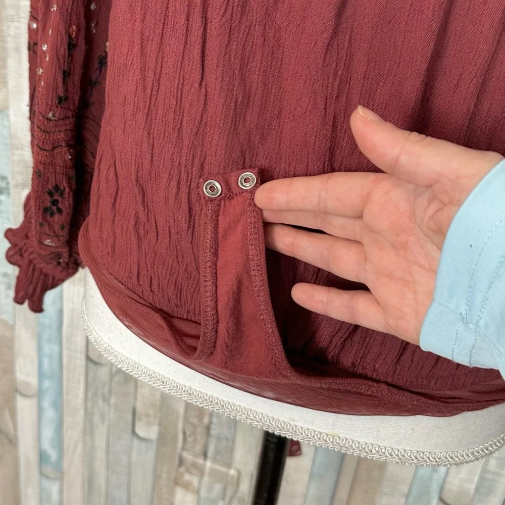 Free People S Red Gauze Embroidered Balloon Sleeve Ella Bodysuit Top Blouse Boho